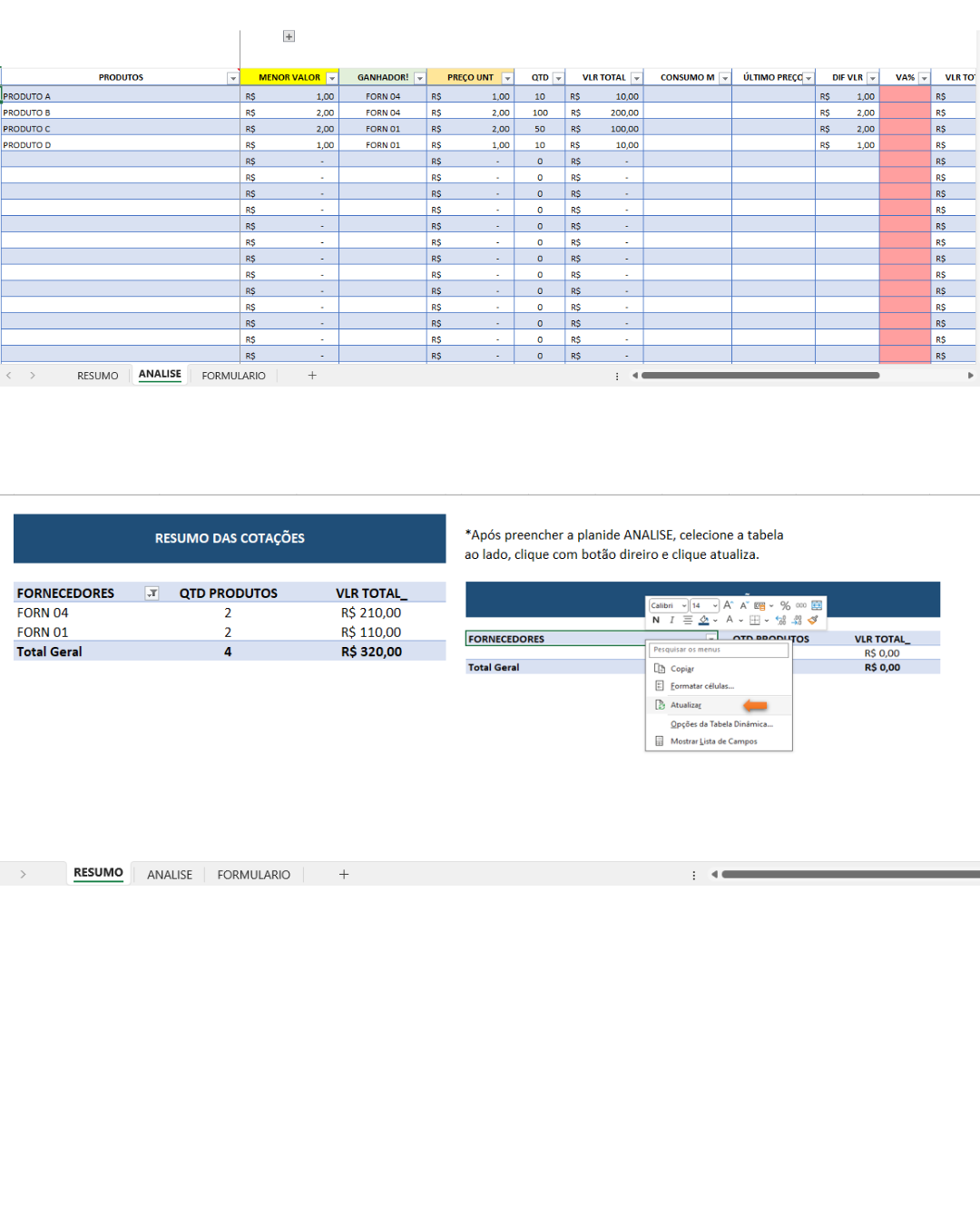 Prévia da Planilha de Controle de Compras